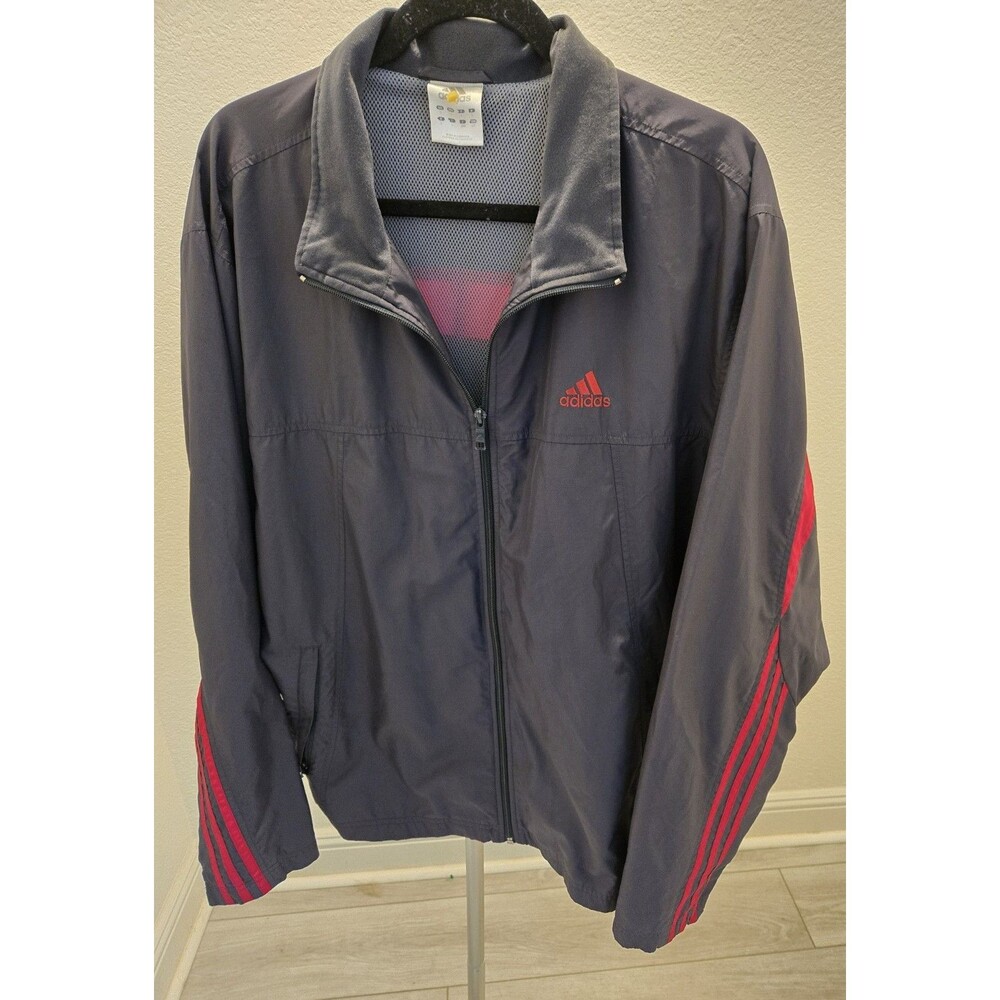 Adidas Windbreaker Track Jacket Mens Navy Blue Red 3 Stripe Full Zip Mesh